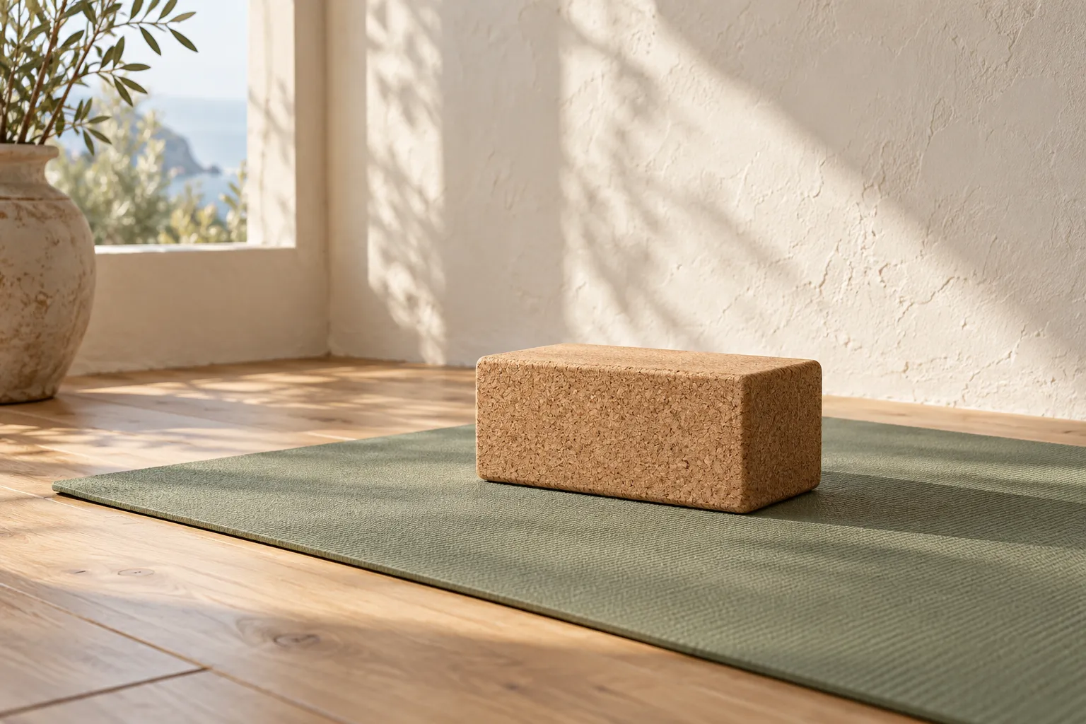 Mattoncino yoga in sughero su tappetino verde in stanza luminosa con finestra