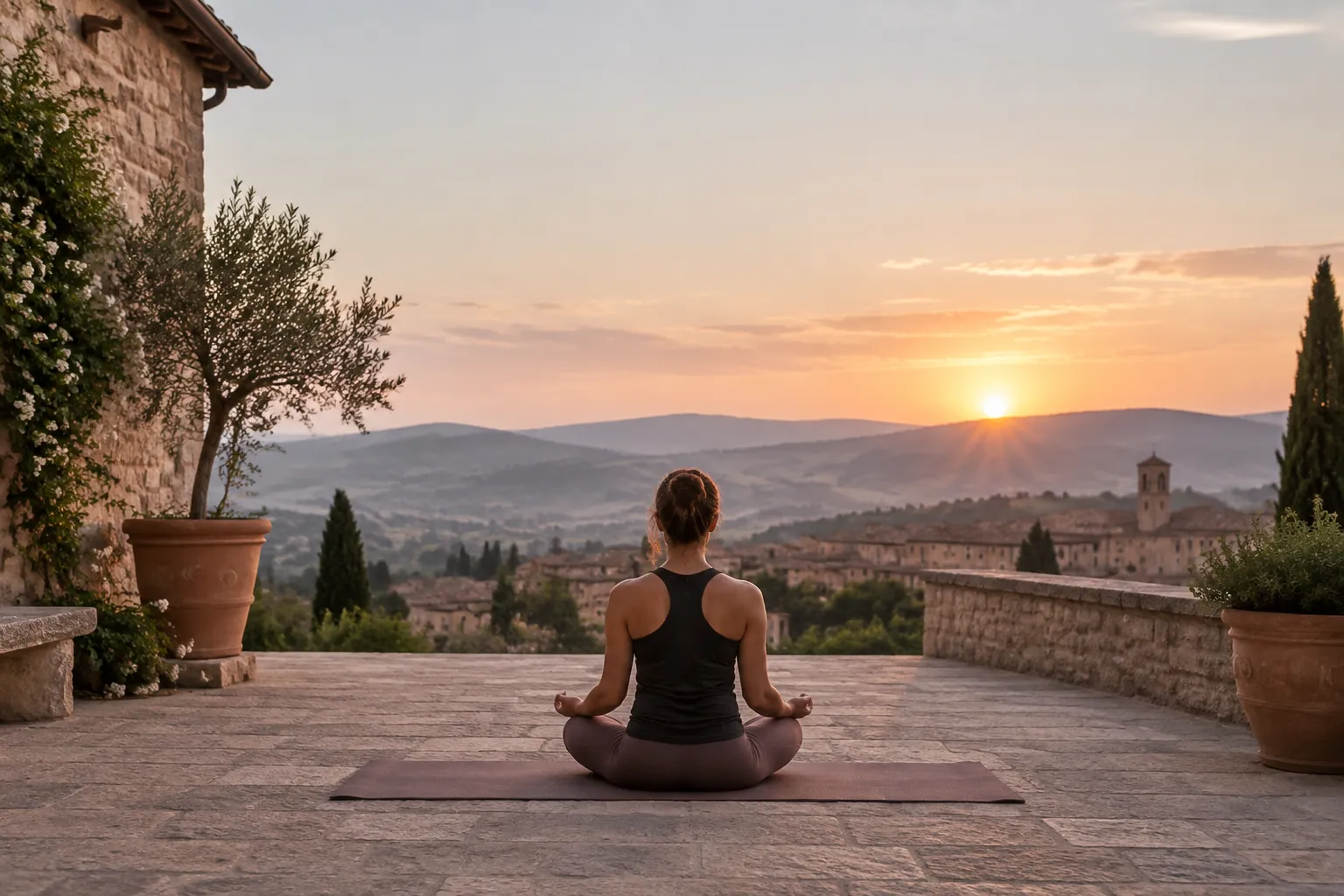 Una donna seduta sul tappetino su una terrazza al mattino.