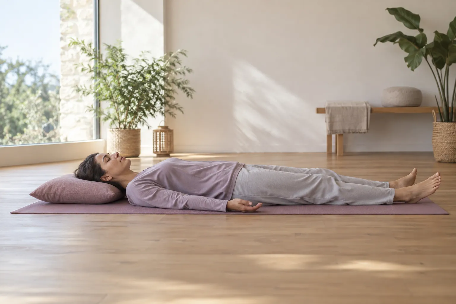 Donna distesa supina su tappetino yoga, occhi chiusi, cuscino sotto testa, luce morbida naturale